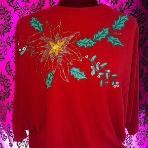 Christmas Sweater Vintage Ugly Tacky Party Poinsettia Puff Paint 1980s Red Xmas
